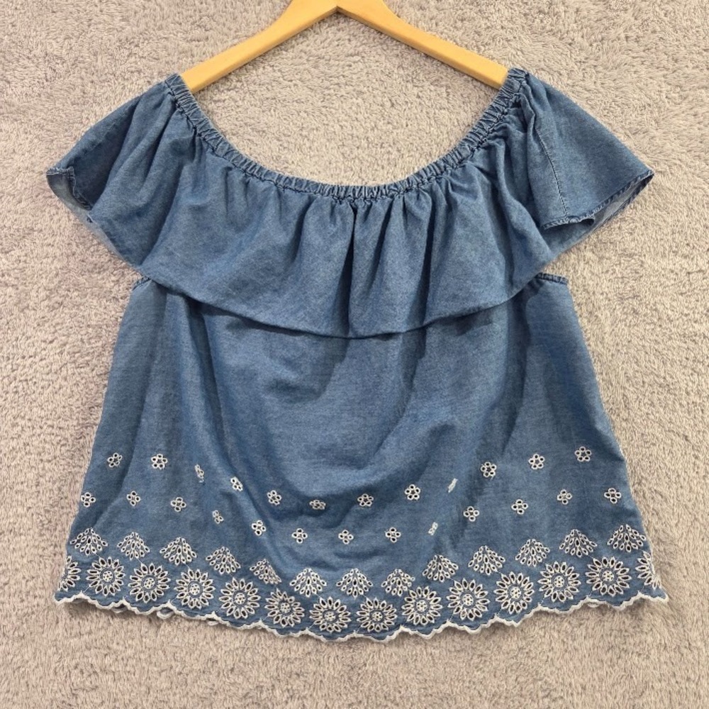 Old Navy Off The Shoulder Top Women's Size XL Blue Chambray Eyelet Ruffle Boho
